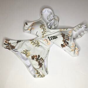 Cream & Brown Floral Two Piece Bikini Swimsuit New S